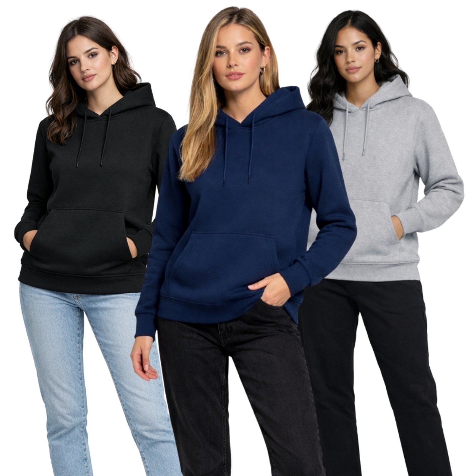 Kit 3 Blusa de Frio Moletom Liso Colorido Feminino Relaxado Com Capuz E Bolso Canguru Estampado Siri2
