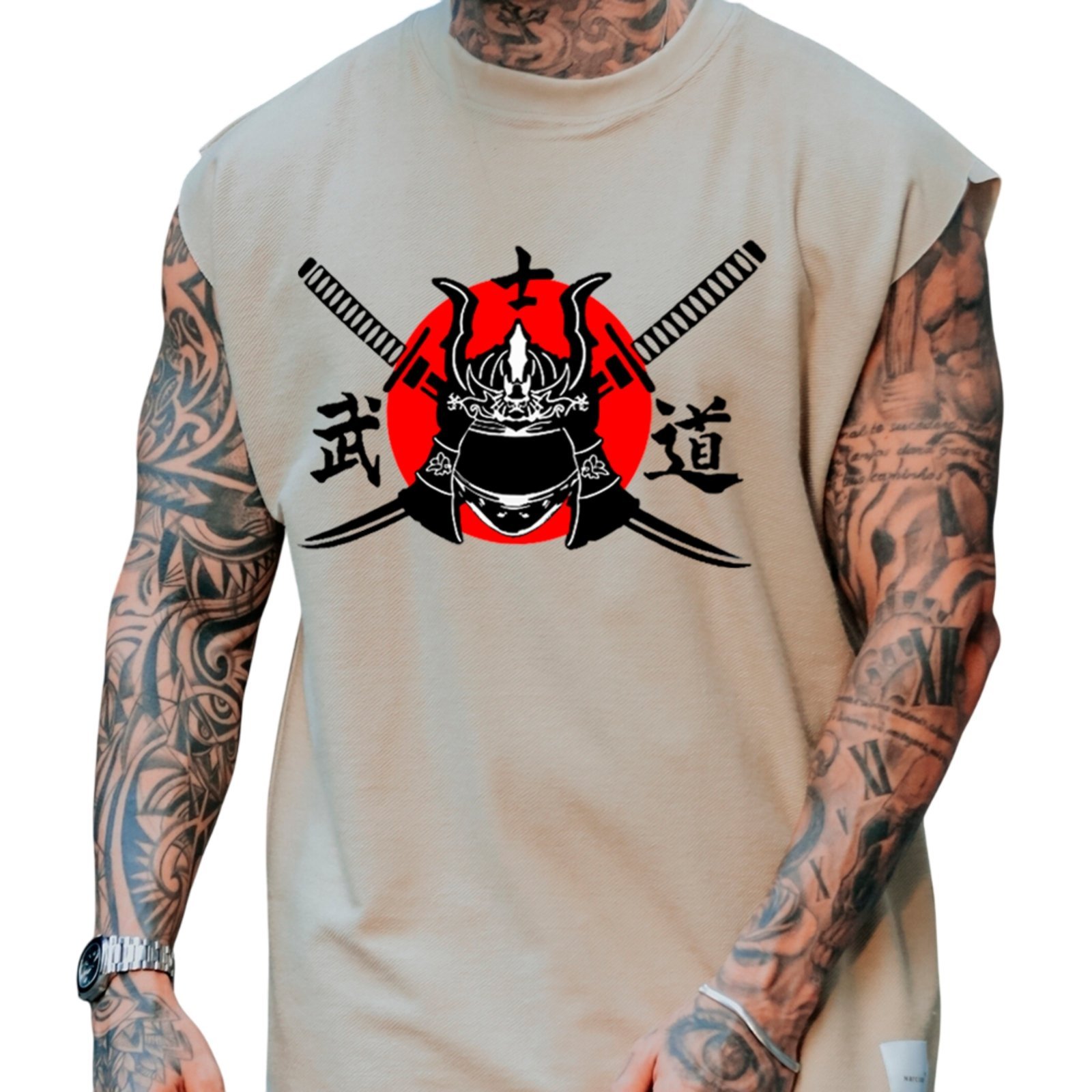 Camiseta Regata Machão Ousy Samurai Guerreiro Kabuto Katanas Oversized Masculina Off White