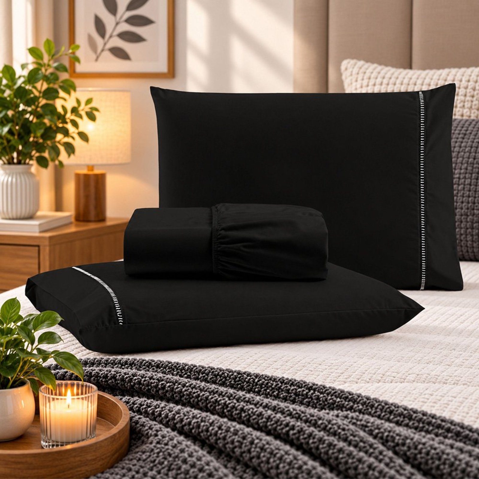 Jogo de Cama Lençol King Pluma Percal 180 Fios 3 Peças 100% Algodão - Preto