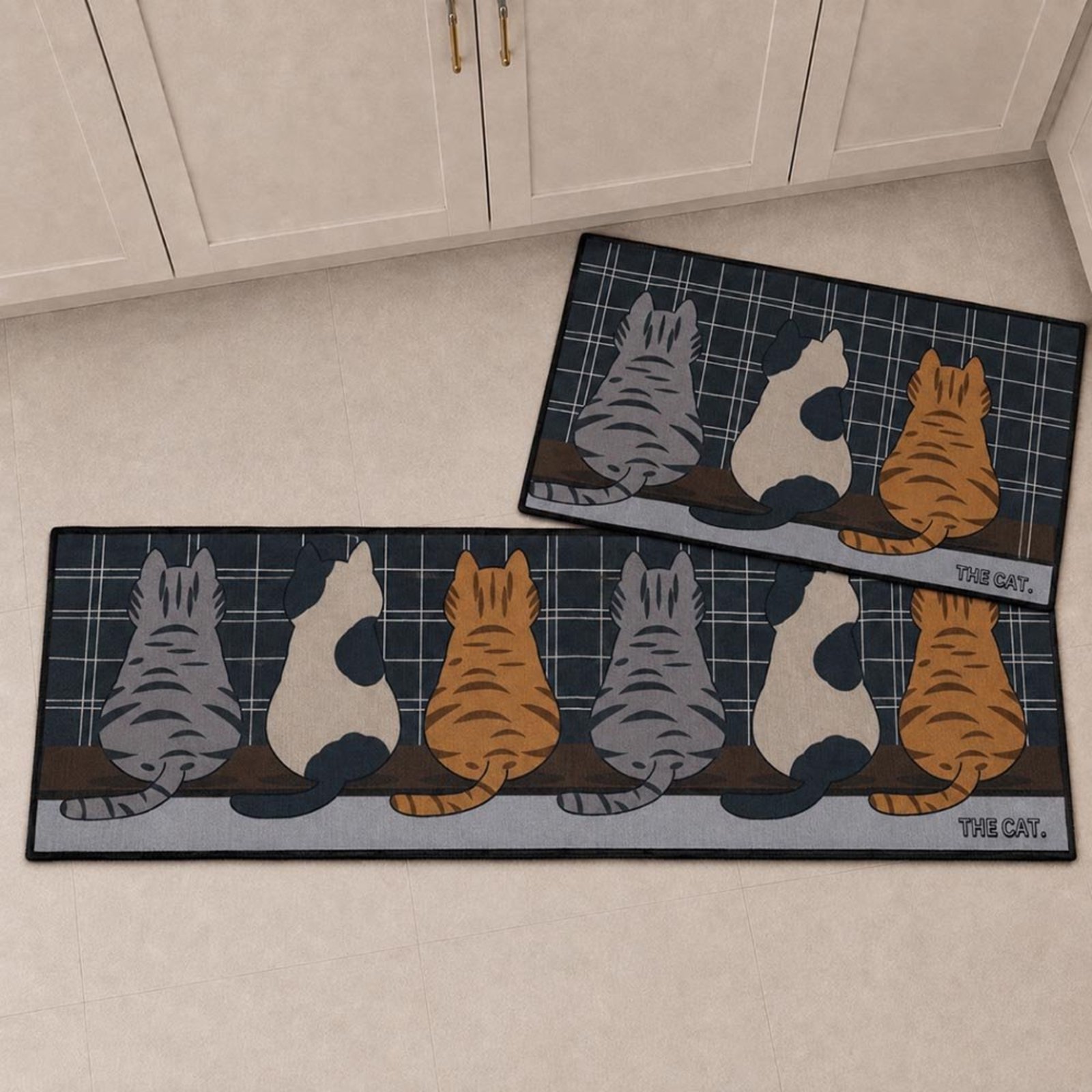 Kit Tapete para Cozinha 2 Peças Passadeira Antiderrapante Emborrachada Carpete Gatos