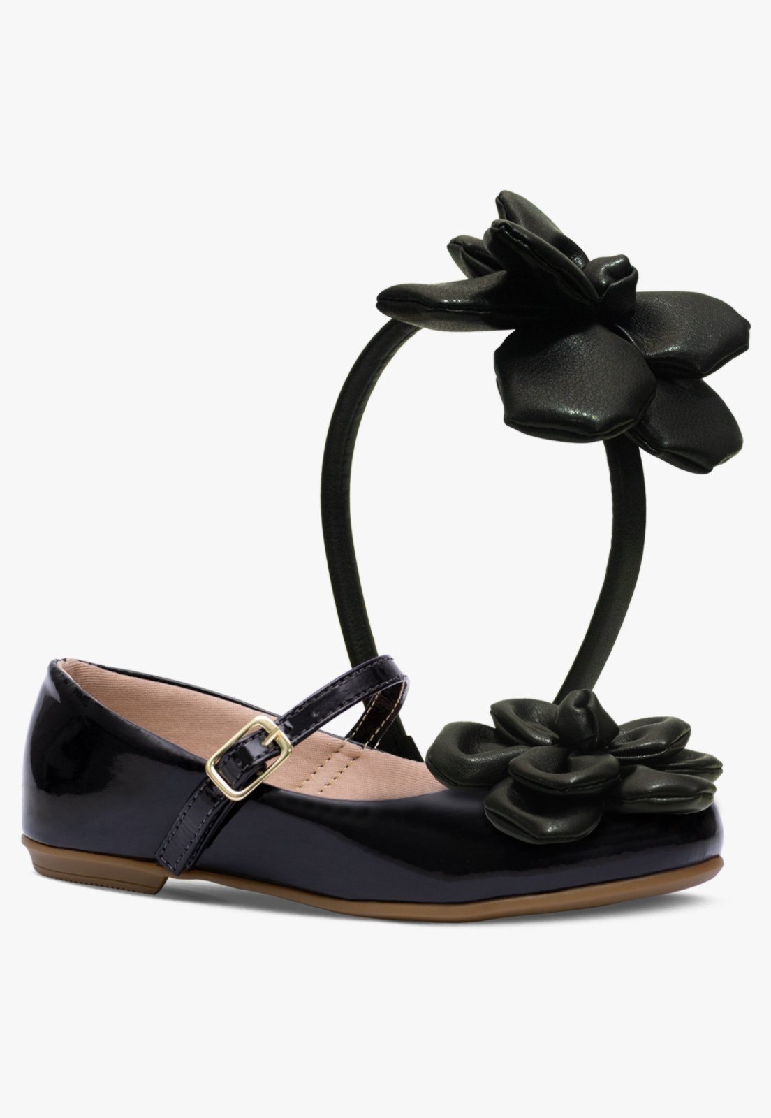 Infantil – Kit Tiara E Sapatilha Rasteira Juvenil Feminina Pópidi Petalas Preto