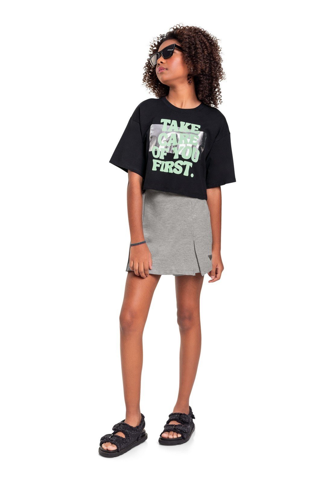 Infantil - Blusa Cropped em Meia Malha Juvenil Gloss Preto