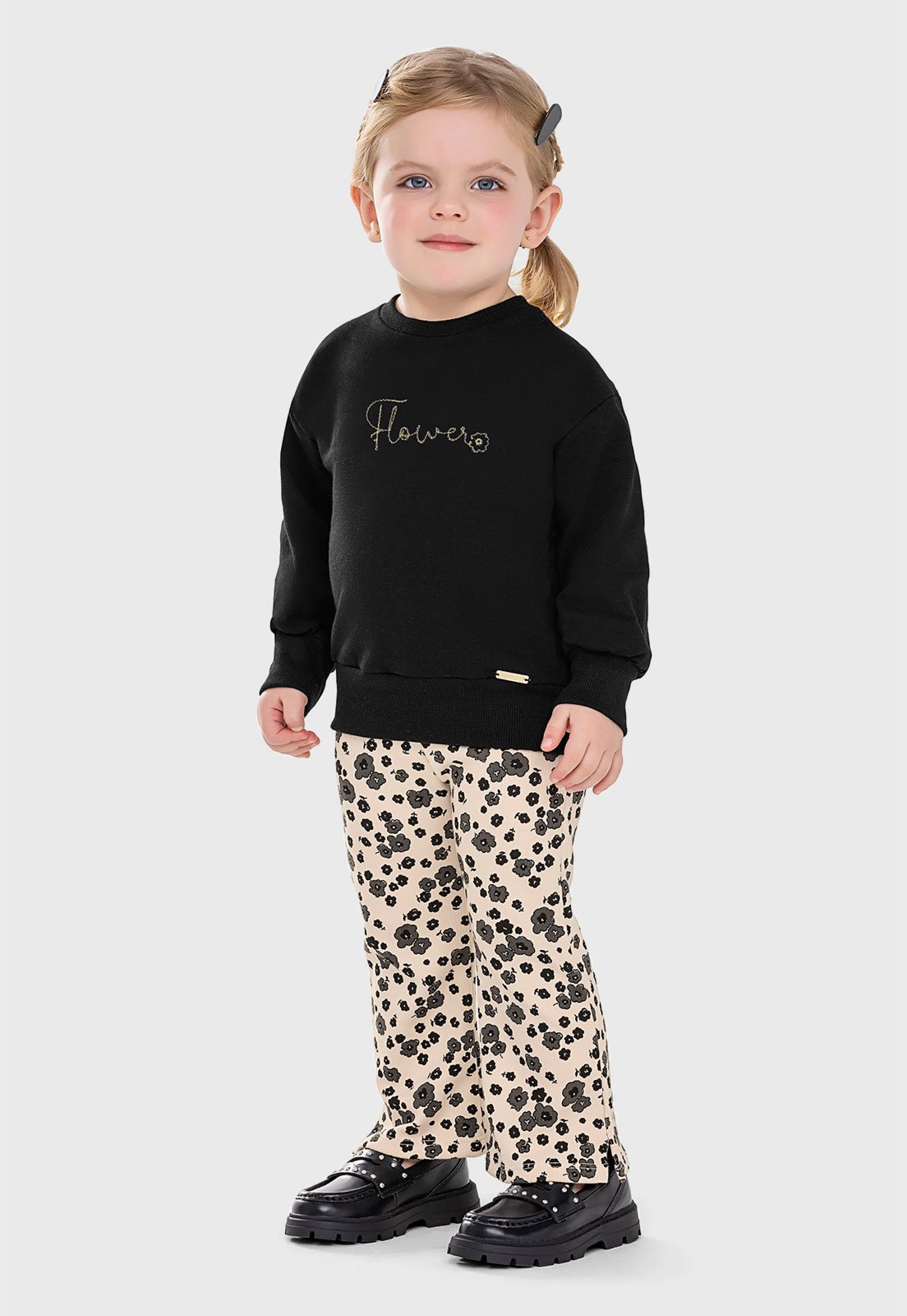 Infantil - Conjunto Coloritta Cintura Alta Floral Preto