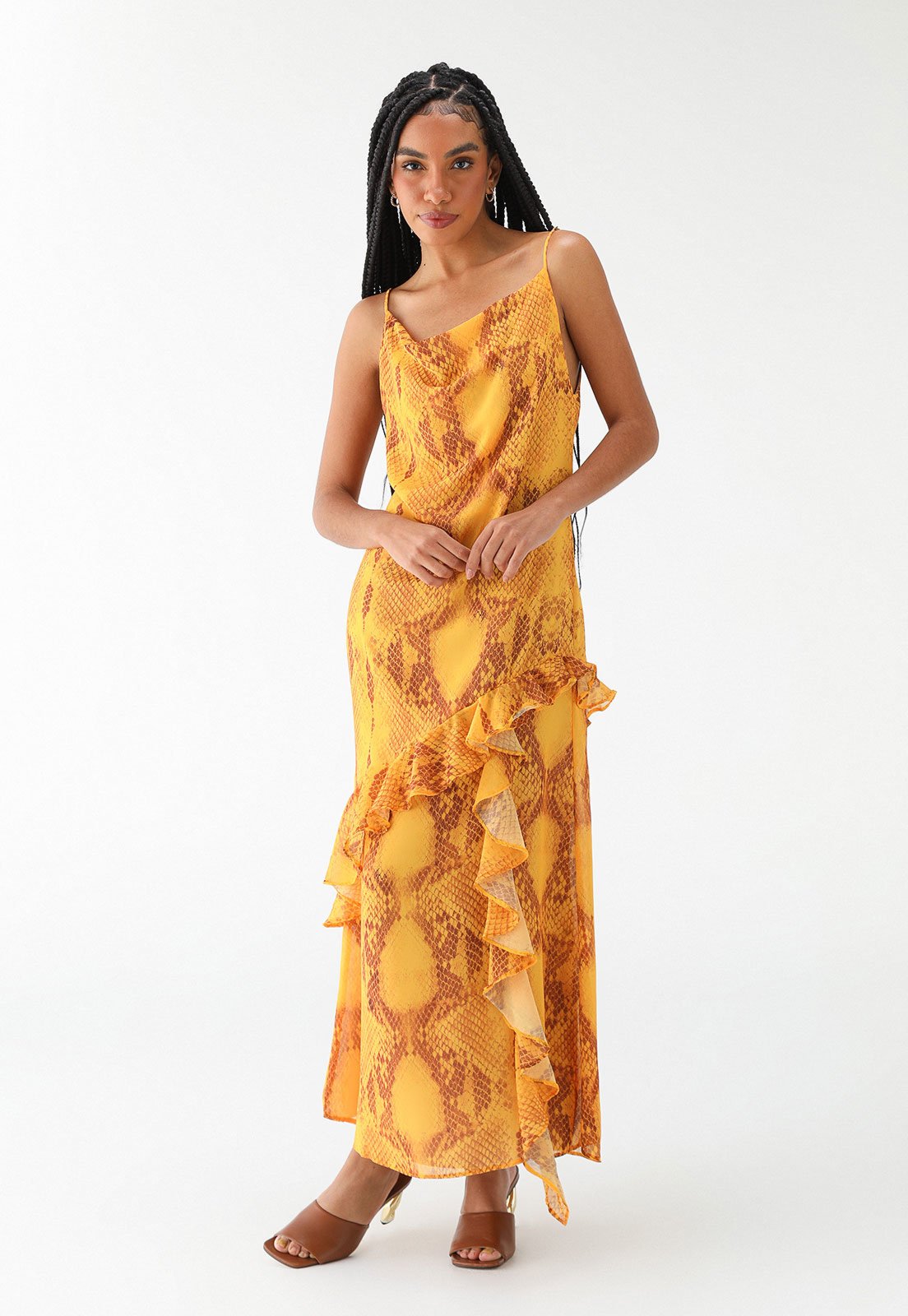Vestido Lança Perfume Longo Babado Amarelo