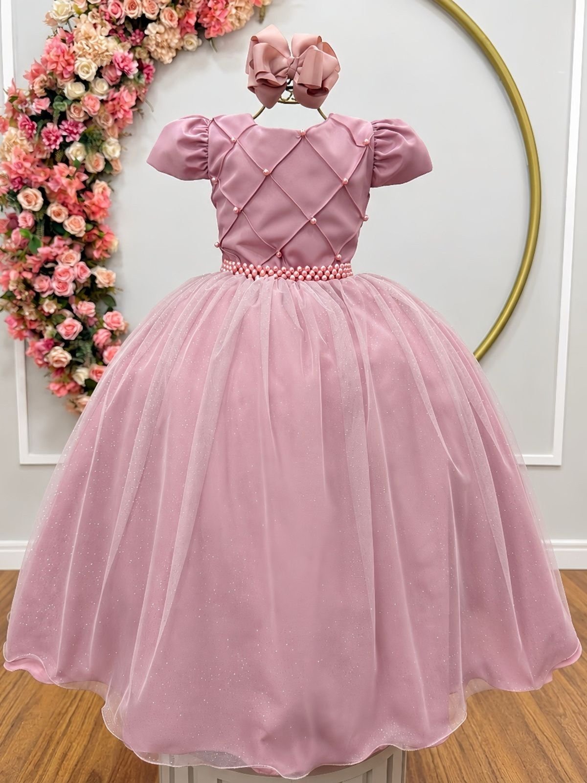 Infantil - Vestido Longo Festa Rosa Rosé Nude Amêndoa Pérolas Formatura Casamento Princesa Social Rodado Florista Dama Daminha Aniversário Luxo Menina Juvenil