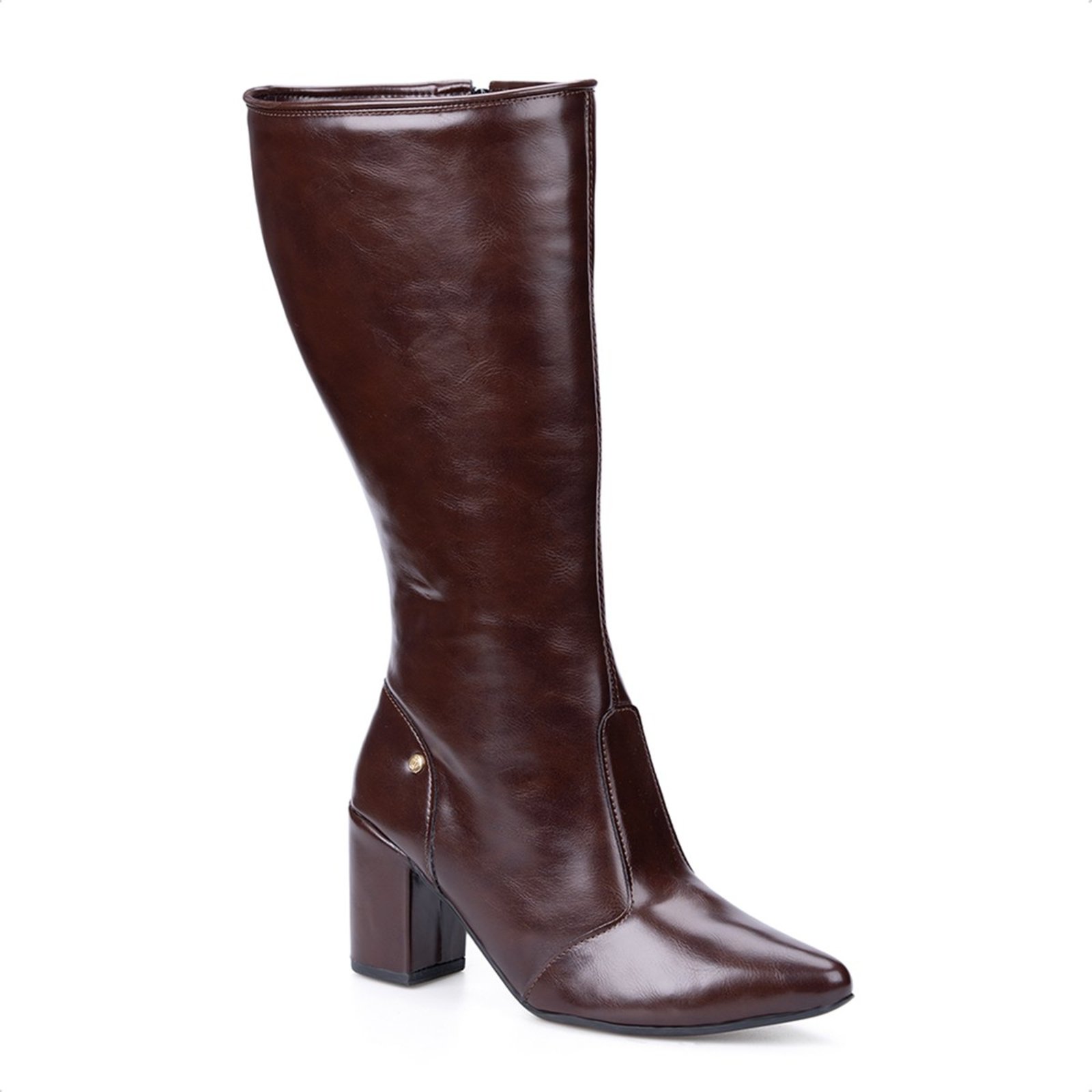 Bota Social Domidona Feminina Marrom Cano Alto Bico Fino Salto Alto Bloco