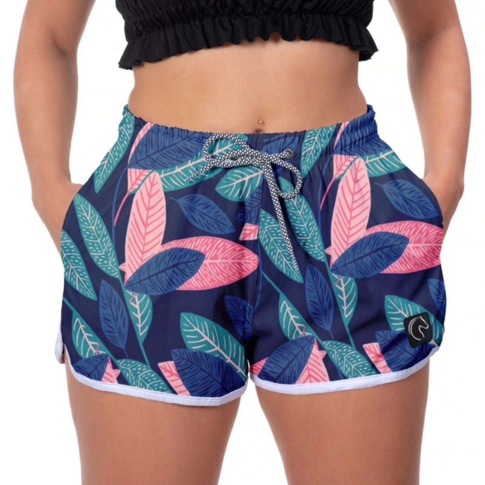 Short Feminino W2 Premium com Elástico e Cordão Ajustável Bolsos Laterais e Secagem Rápida Casual Praia ou Academia Flowers Azul