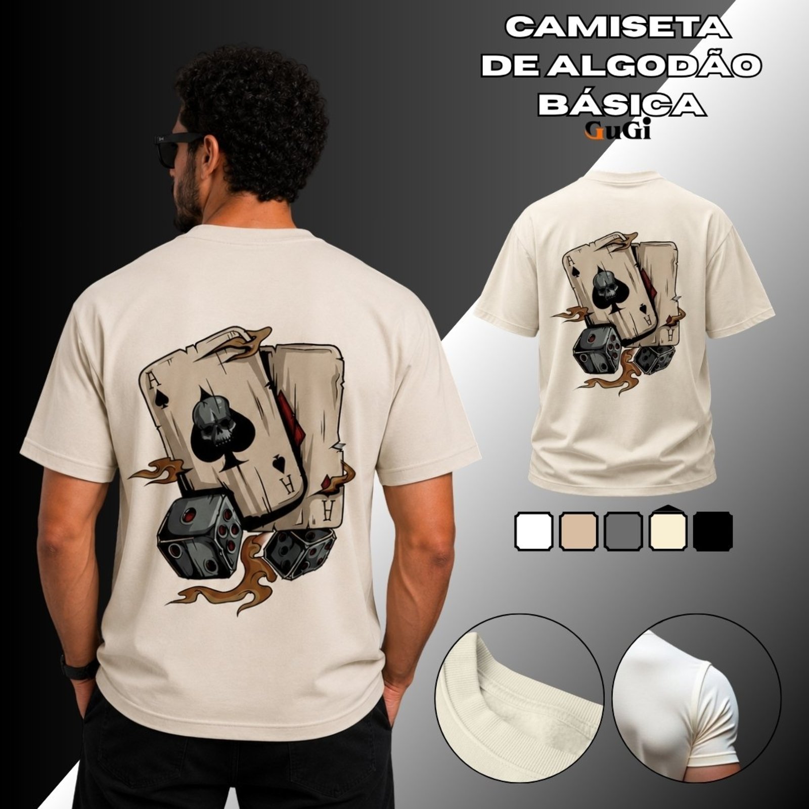 Camiseta Masculina Baralho Ás Dados 100% Algodão 30.1 Off White