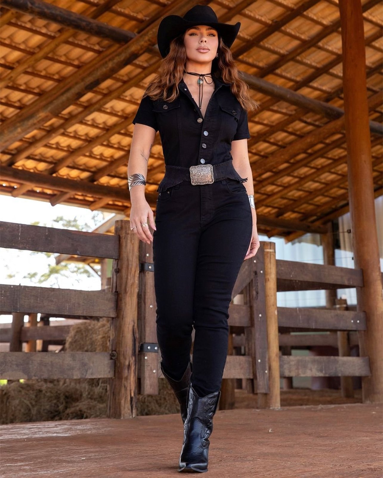 Macacão Jeans Black Skinny Feminino Básico 23681 Preto Consciência