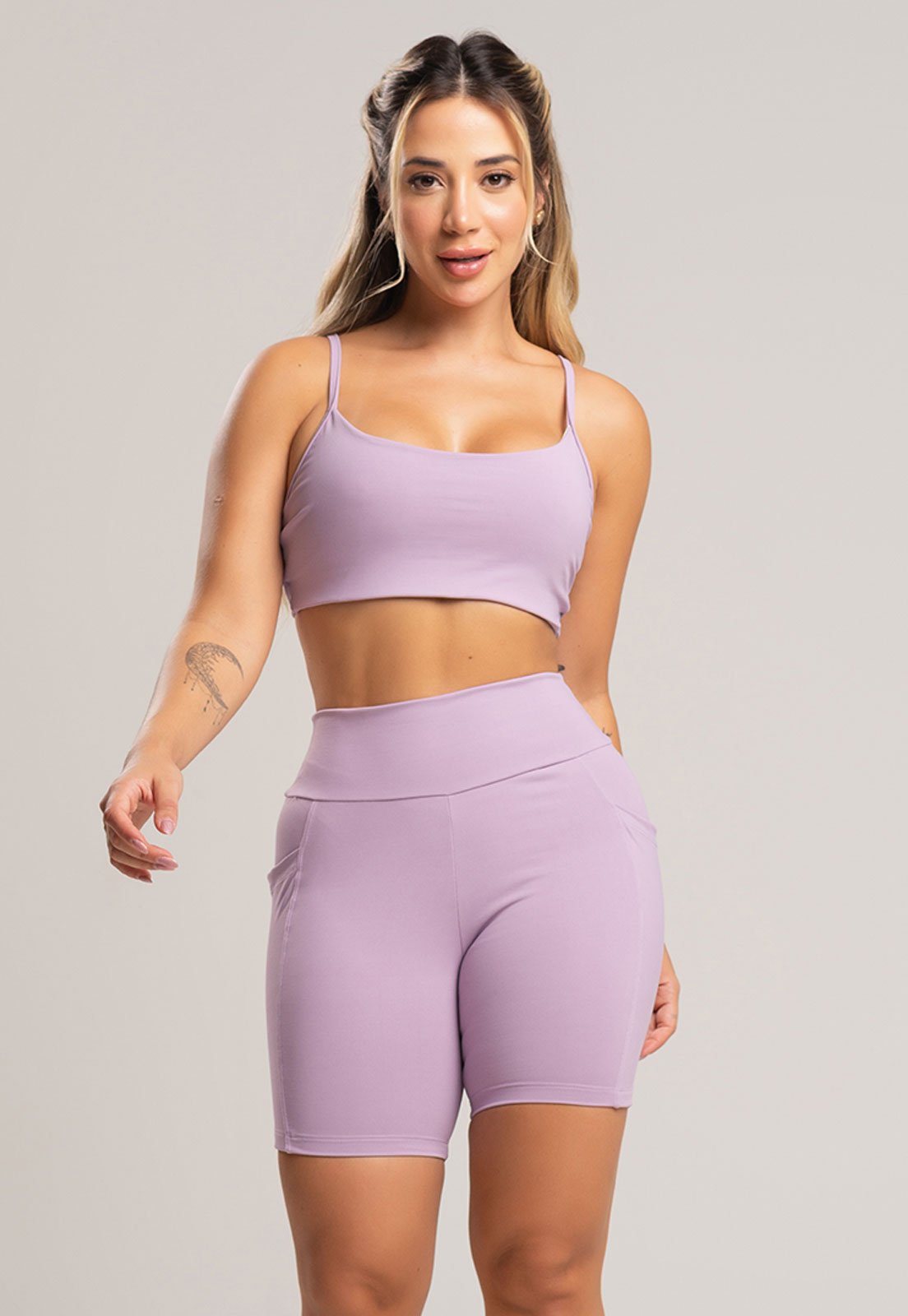 Short Fitness MVB Modas Bolsos Cintura Alta Feminina Poliamida Lavanda