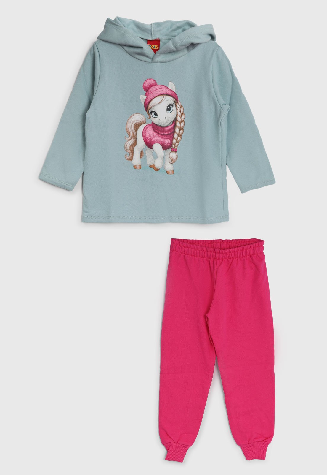 Infantil - Conjunto Kyly Blusa com Capuz Estampa Unicórnio Azul e Calça Rosa