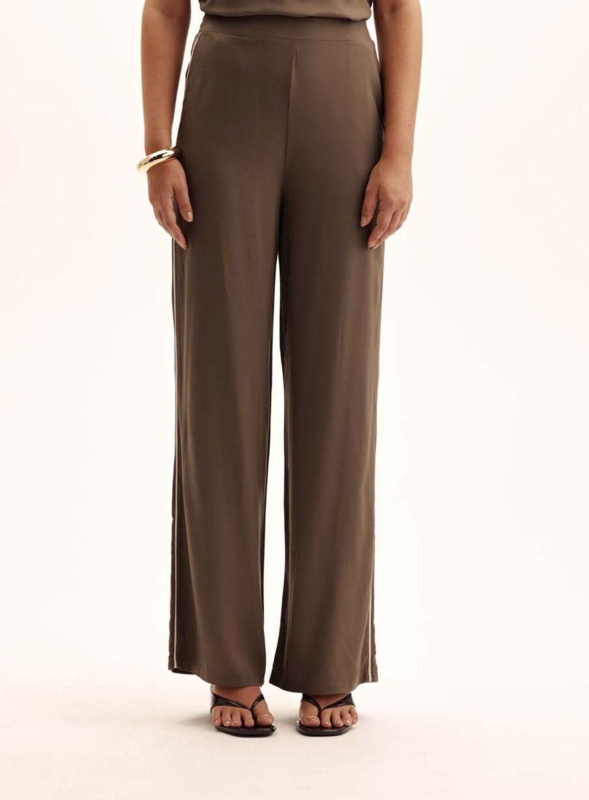 Calça Feminina Reta Cós Elástico Triton Verde/Bege