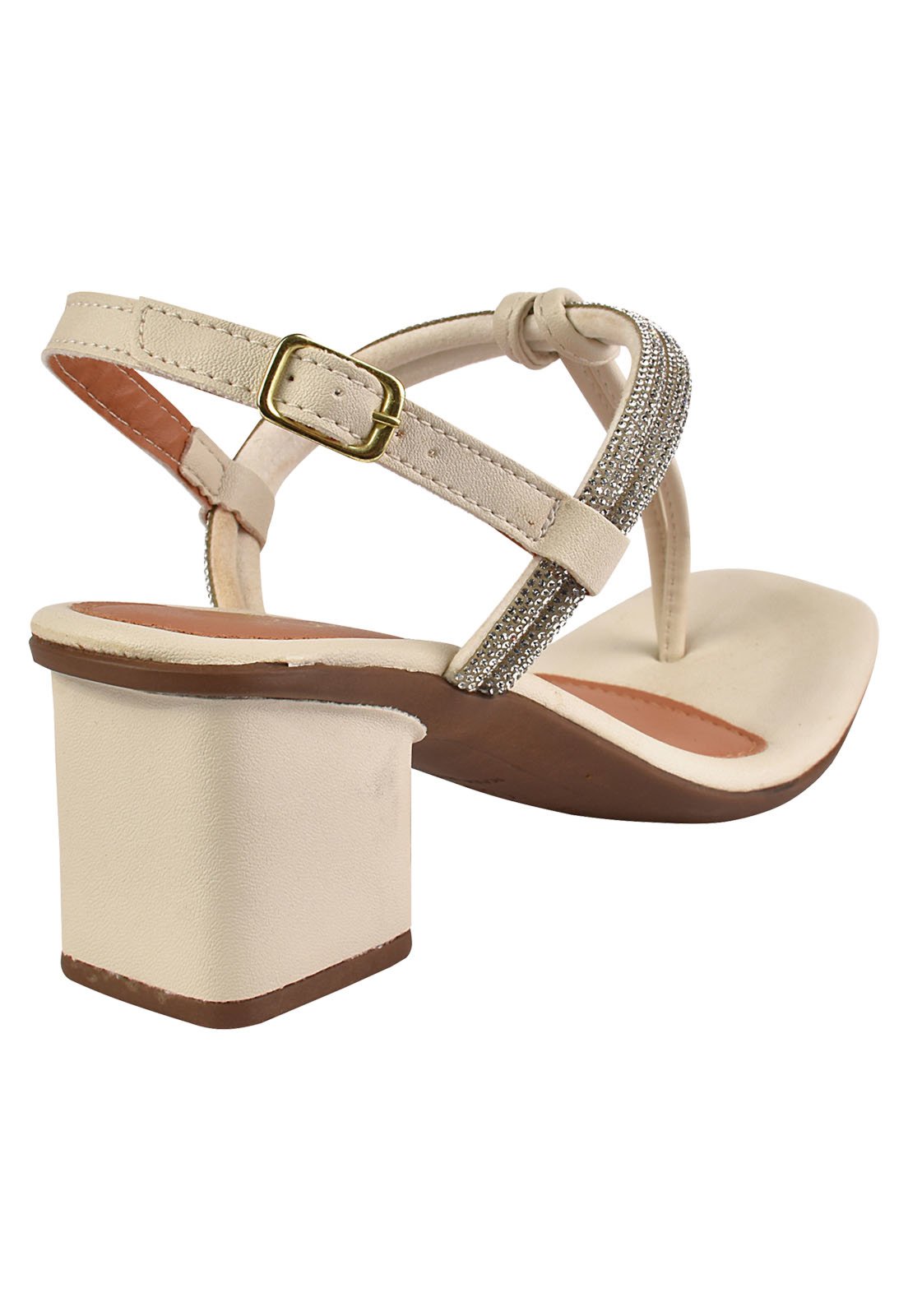 Sandália Salto Grosso Rosa Chic Calçados Feminino Salto Baixo Bloco Brilho Strass Bico Quadrado Branco