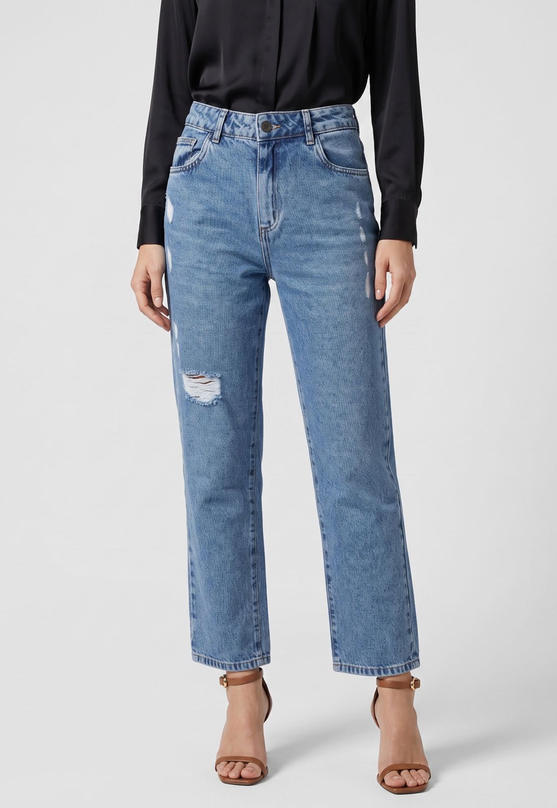 Calça Feminina Sawary Mom Jeans Destroyed Azul