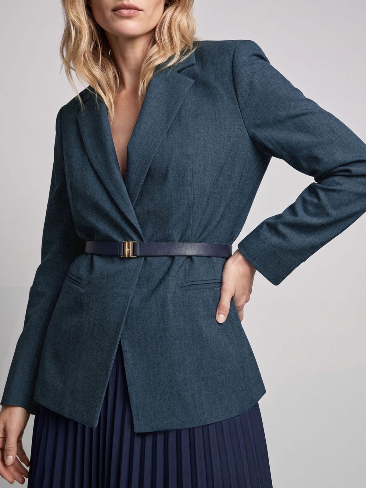 Blazer Social Feminino Azul Marinho Acinturado Com Ombreira