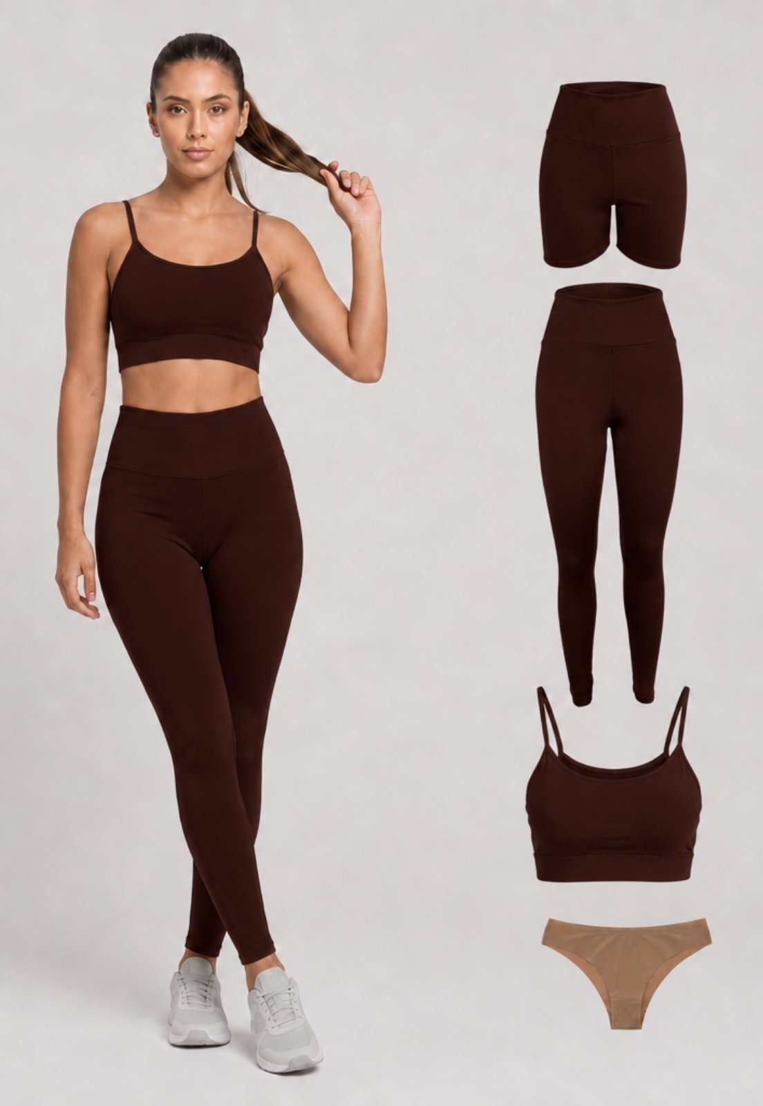 Kit Conjunto Fitness Feminino 4 Peças — Legging, Short, Top e Calcinha Invisível Café