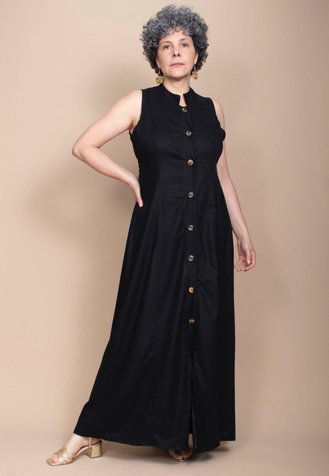Vestido Amazônia Vital Longo de Botão Linho com Viscose Preto