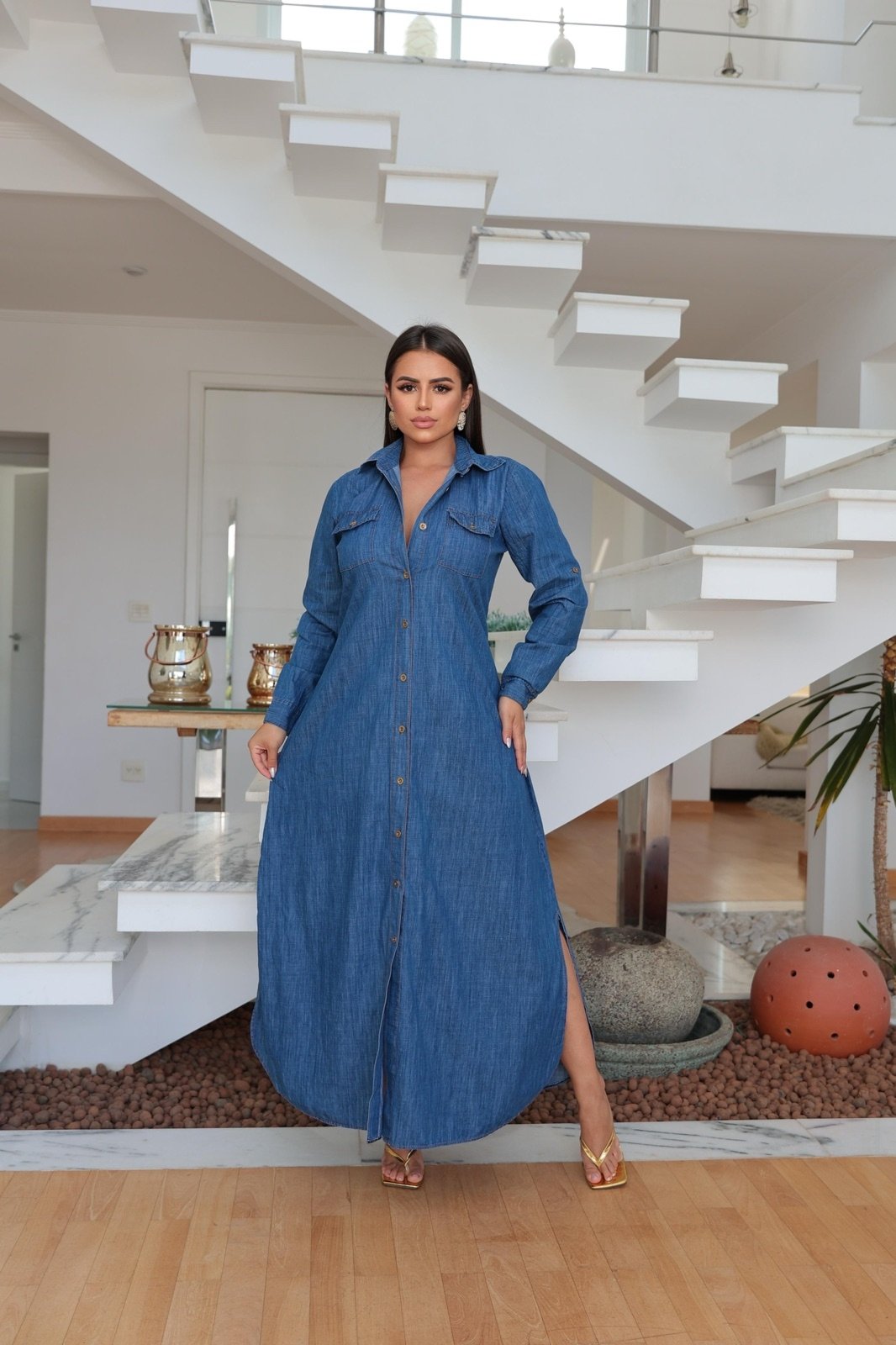 Vista 3 Vestido Cabanafree jeans longo Chamise Cabanafree azul