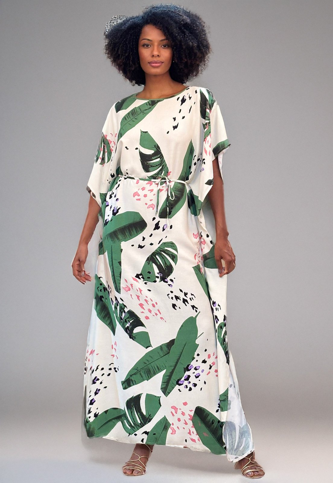 Vestido Amazonia Vital Kaftan Viscose Longo Estampa Folhagem Poética