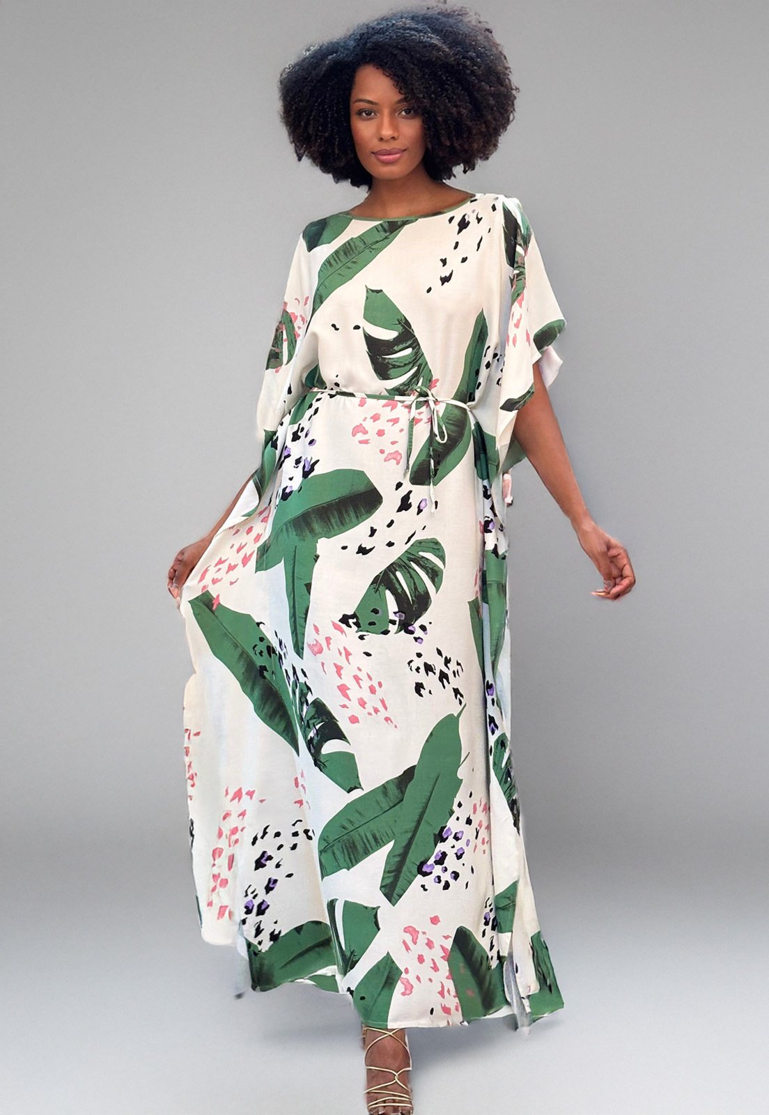Vista 3 Vestido Amazonia Vital Kaftan Viscose Longo Estampa Folhagem Poética branco/estampado/verde Amazonia Vital branco/estampado/verde
