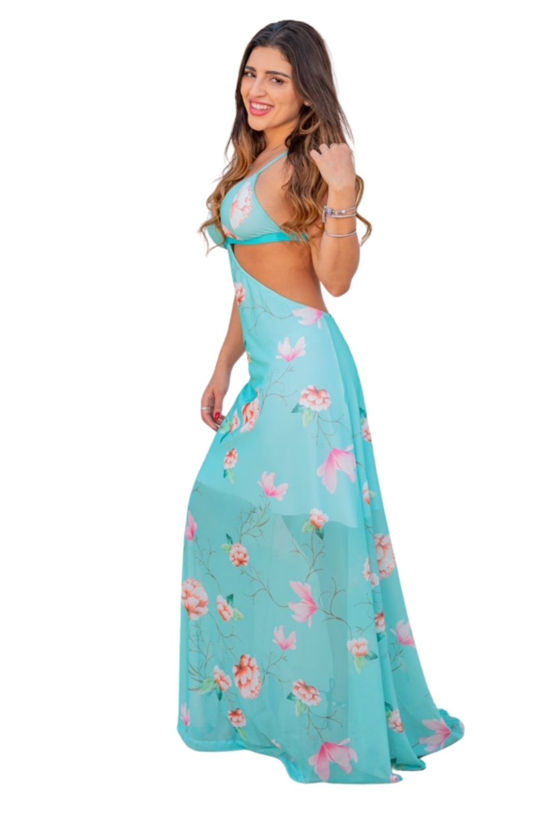 Vestido de Verão Abertiura Premium Frente Única Floral Longo Floral