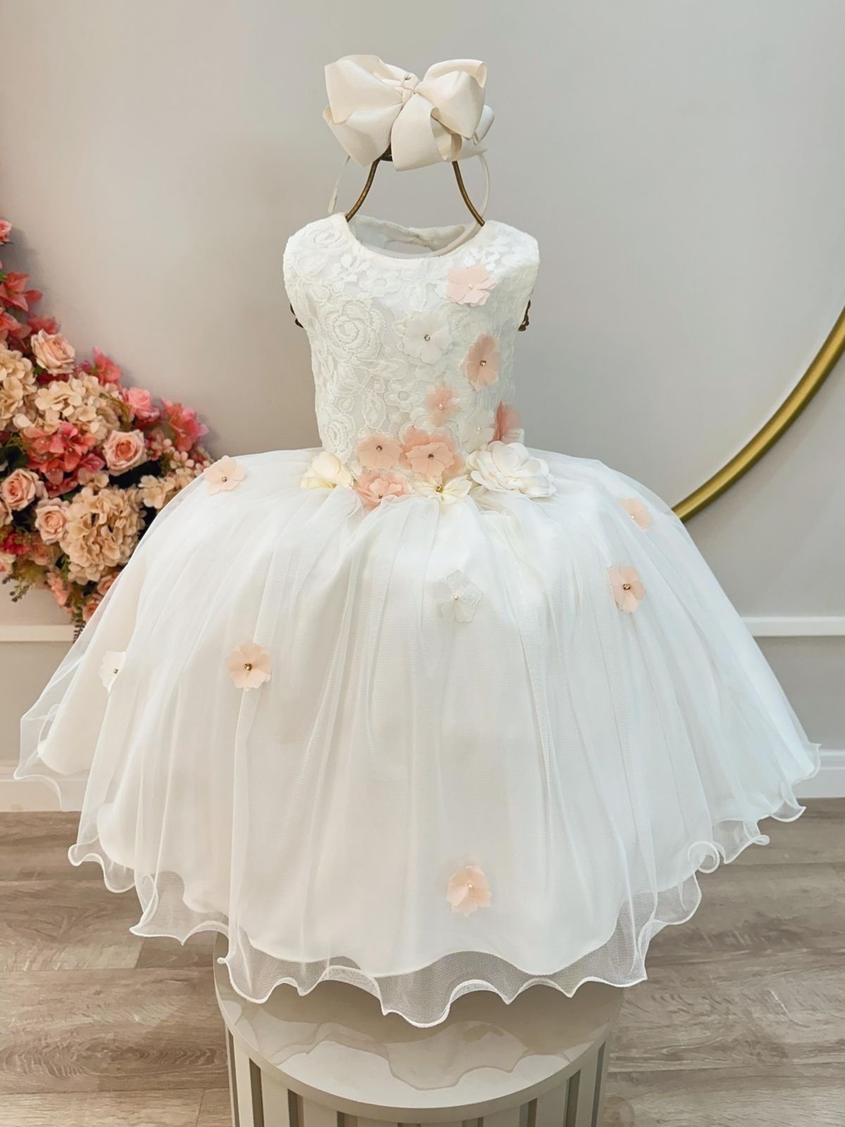 Infantil - Vestido Festa Branco Off White Marfim Creme Flores Formatura Florista Casamento Renda Dama Daminha Social Menina Juvenil Pérolas Princesa Rodado Aniversário Luxo