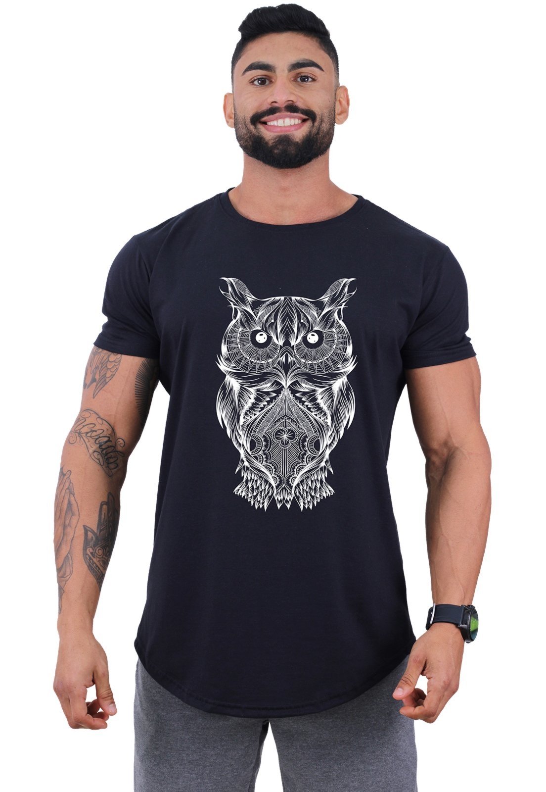 Camiseta Longline Masculina MXD Conceito para Academia e Casual Algodão Coruja Mosaico