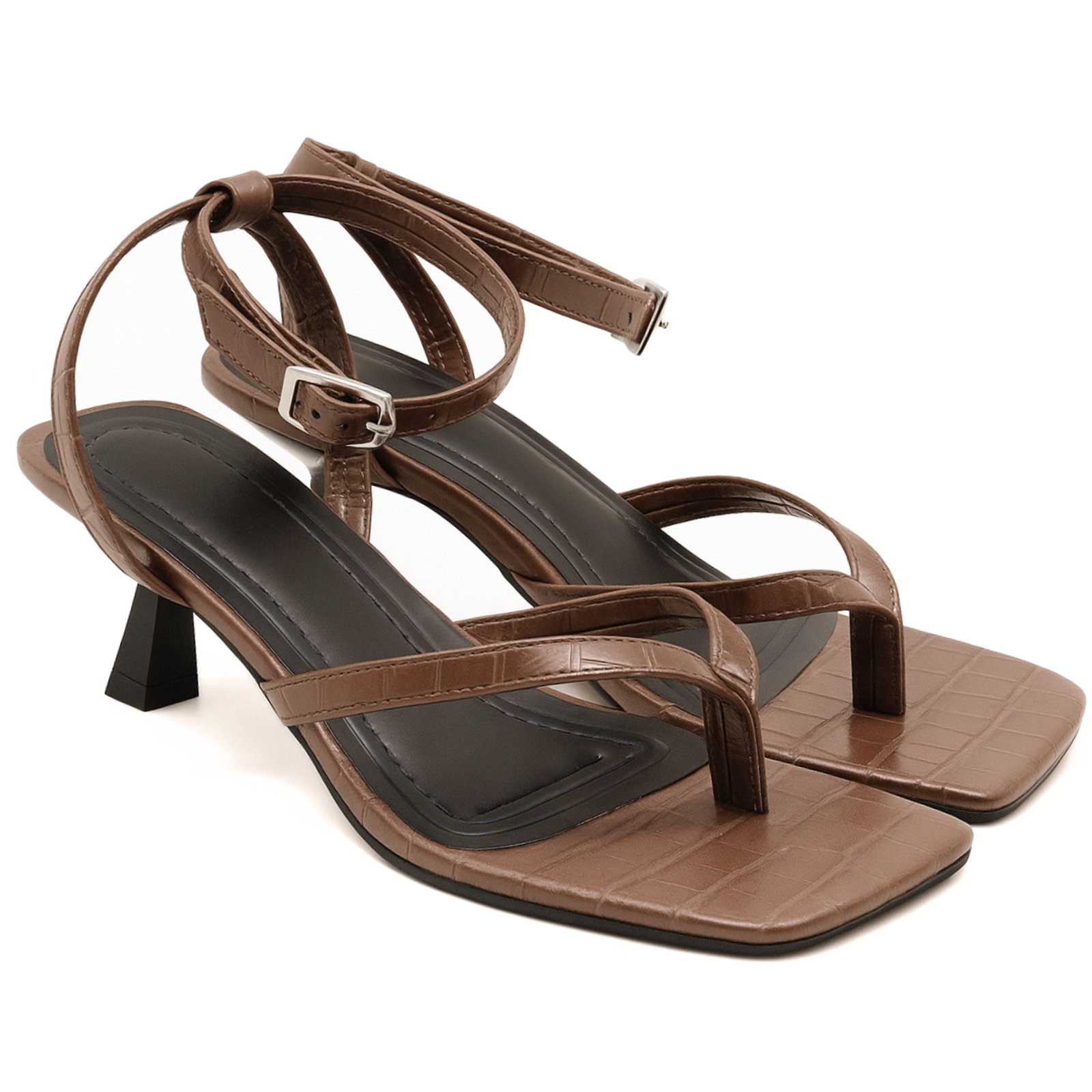 Sandáilia Feminina De Dedo Salto Baixo Fino 5412 Croco Cacau Flor Da Pele