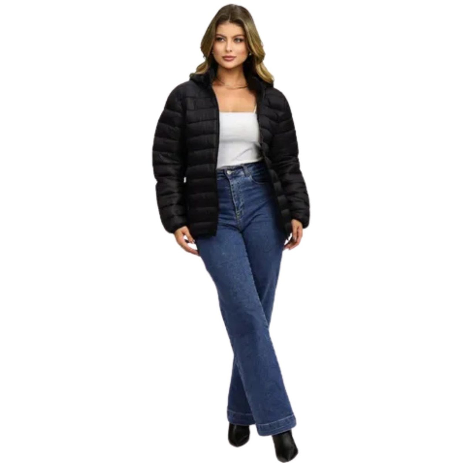 Jaqueta Feminina Peluciada Puffer Nylon Industrie Isolamento Térmico Blusa de Frio Preto