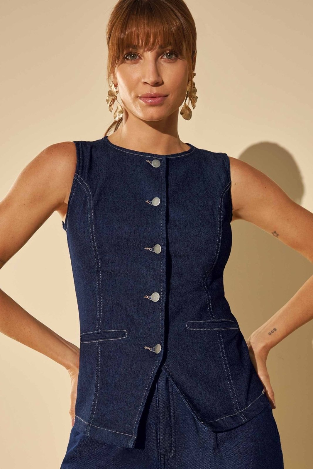 Colete Feminino Jeans Alongado Marialícia Azul