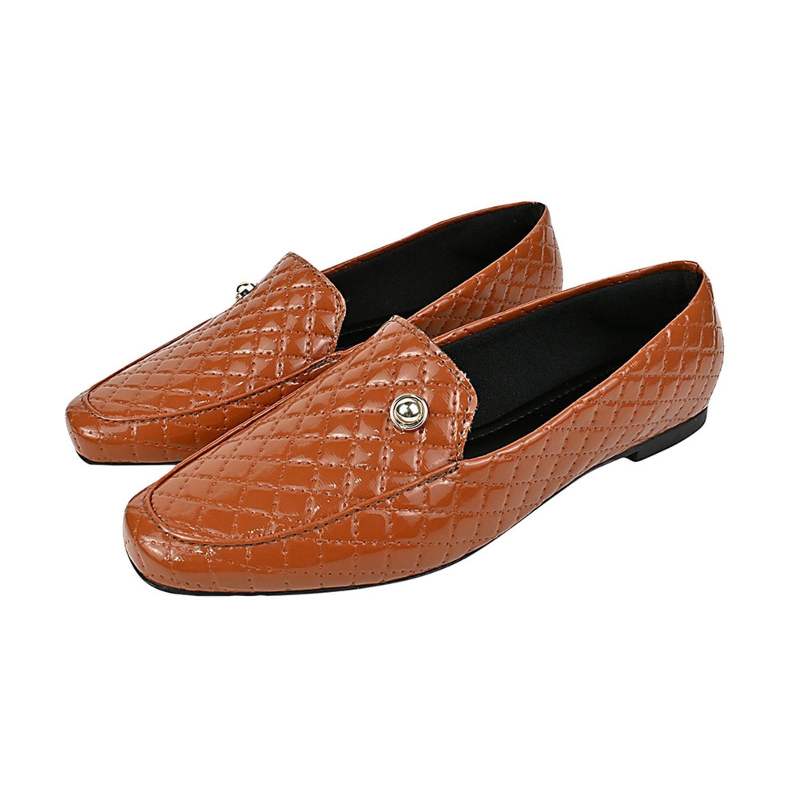 Sapato Feminino Mocassim CM Calçados Bico Quadrado Confort Matelasse Verniz Caramelo