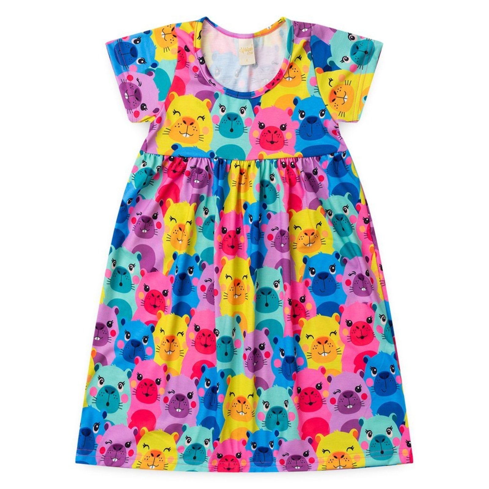 Infantil - Vestido Verão Menina Rosa com Manga Capivaras Coloridas