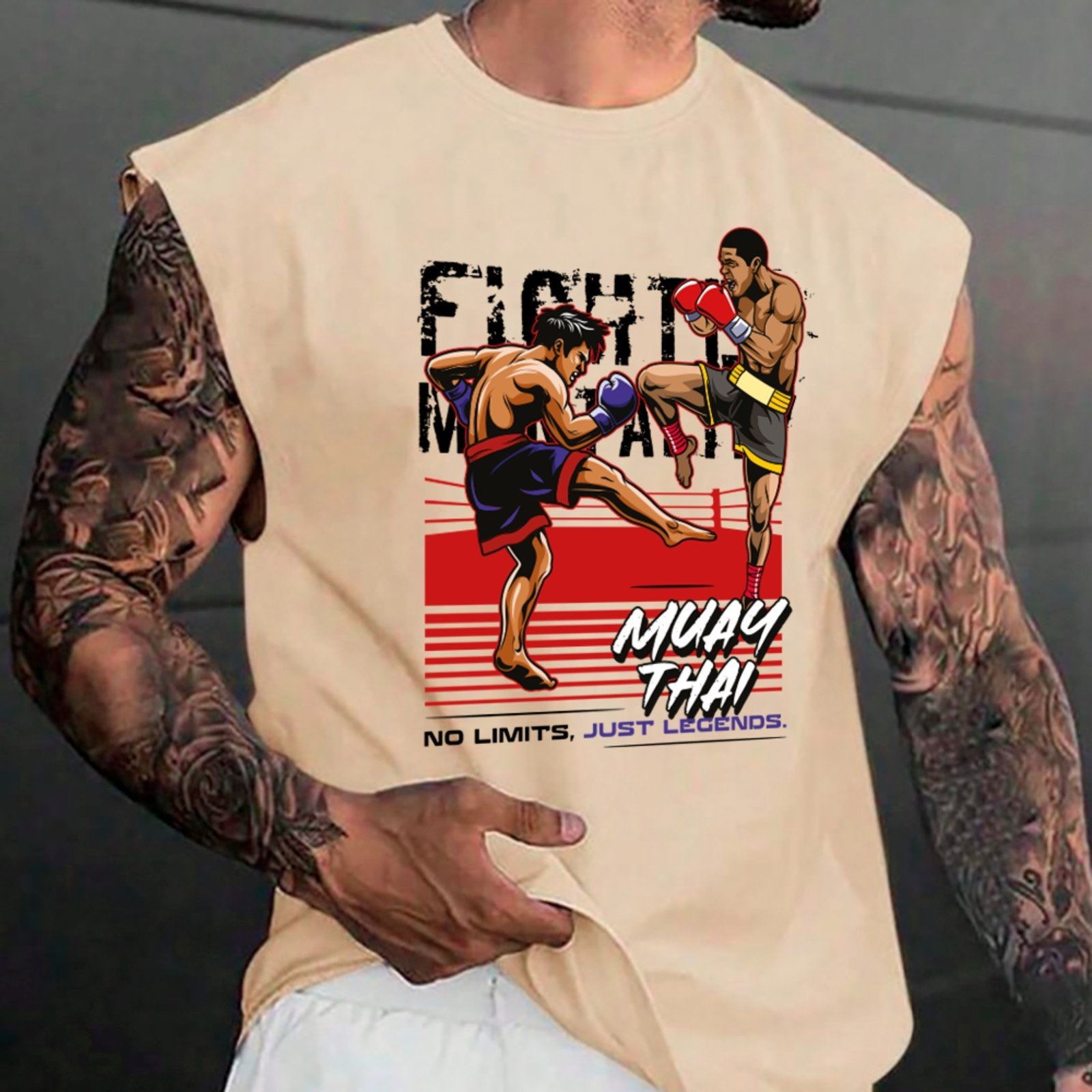 Camiseta Regata Machão Ousy Luta e Força Muay Thai Oversized Masculina Off White