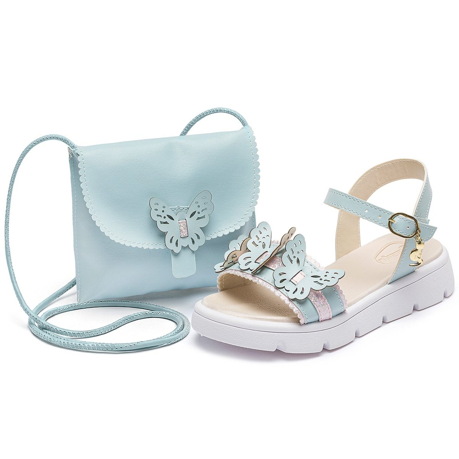 Infantil - Kit Sandália Com Bolsinha Menina Borboleta Azul Confortável Casual MzKid