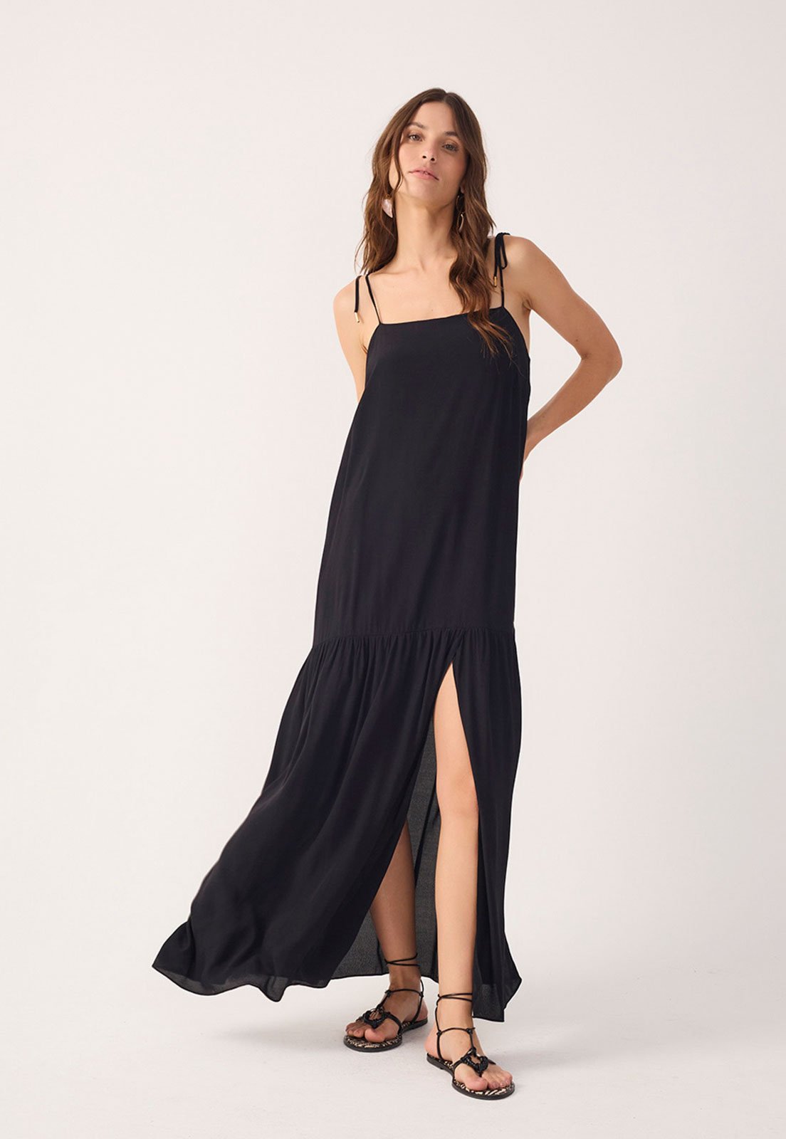 Vestido Longo Feminino Dress To Alças Amarração Preto