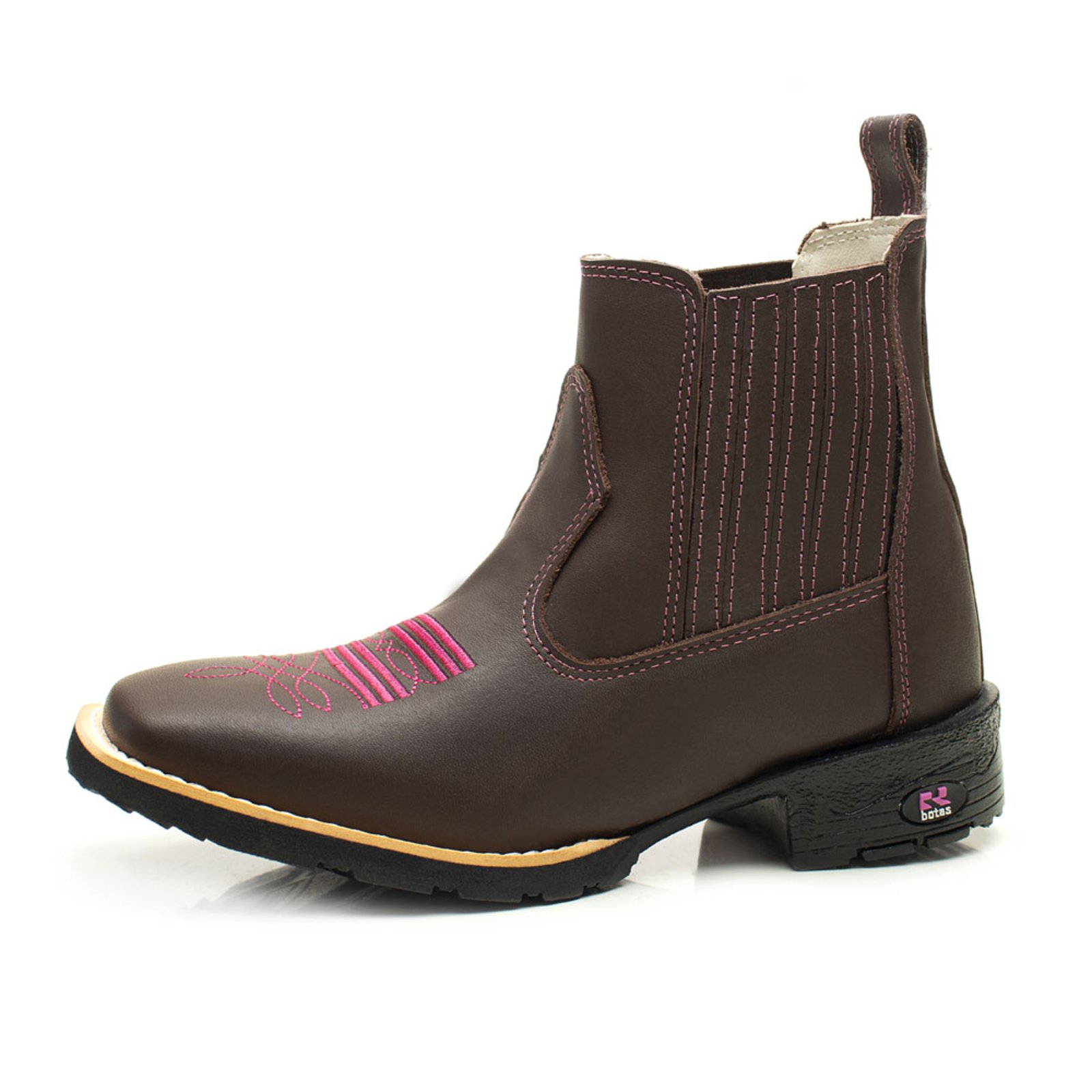 Bota Botina Feminina RR Botas Country Couro Com Bordado Bico Quadrado Marrom Rosa