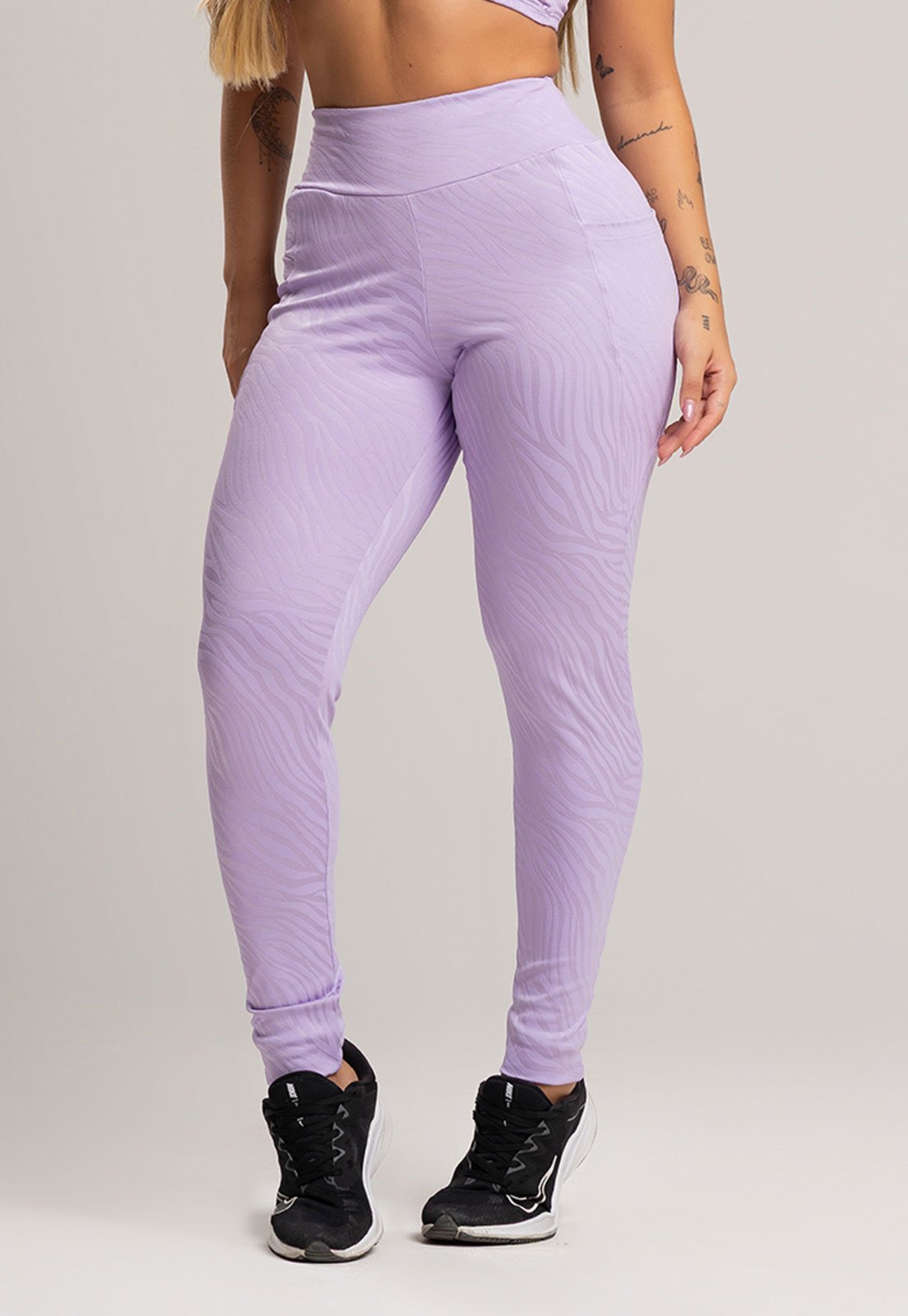 Calça Legging MVB Modas Bolsos Cintura Alta Feminina Fitness Jacquard Lilás