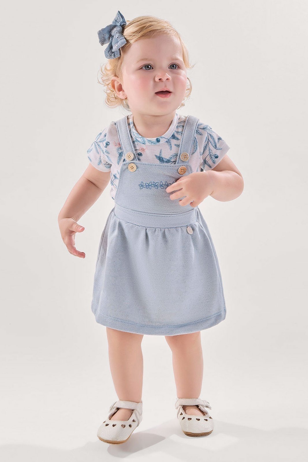 Infantil - Conjunto Body Azul Tricot com Salopete em Moletom com Linho