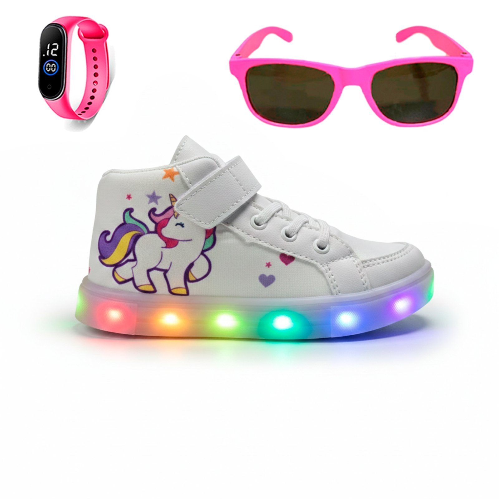 Vista 2 Infantil - Kit Tênis Estilo Botinha com Led na Sola de Unicórnio para Meninas Confortável + Óculos Escuros + Relógio Digital CALCADOS LGHT LIGHT branco
