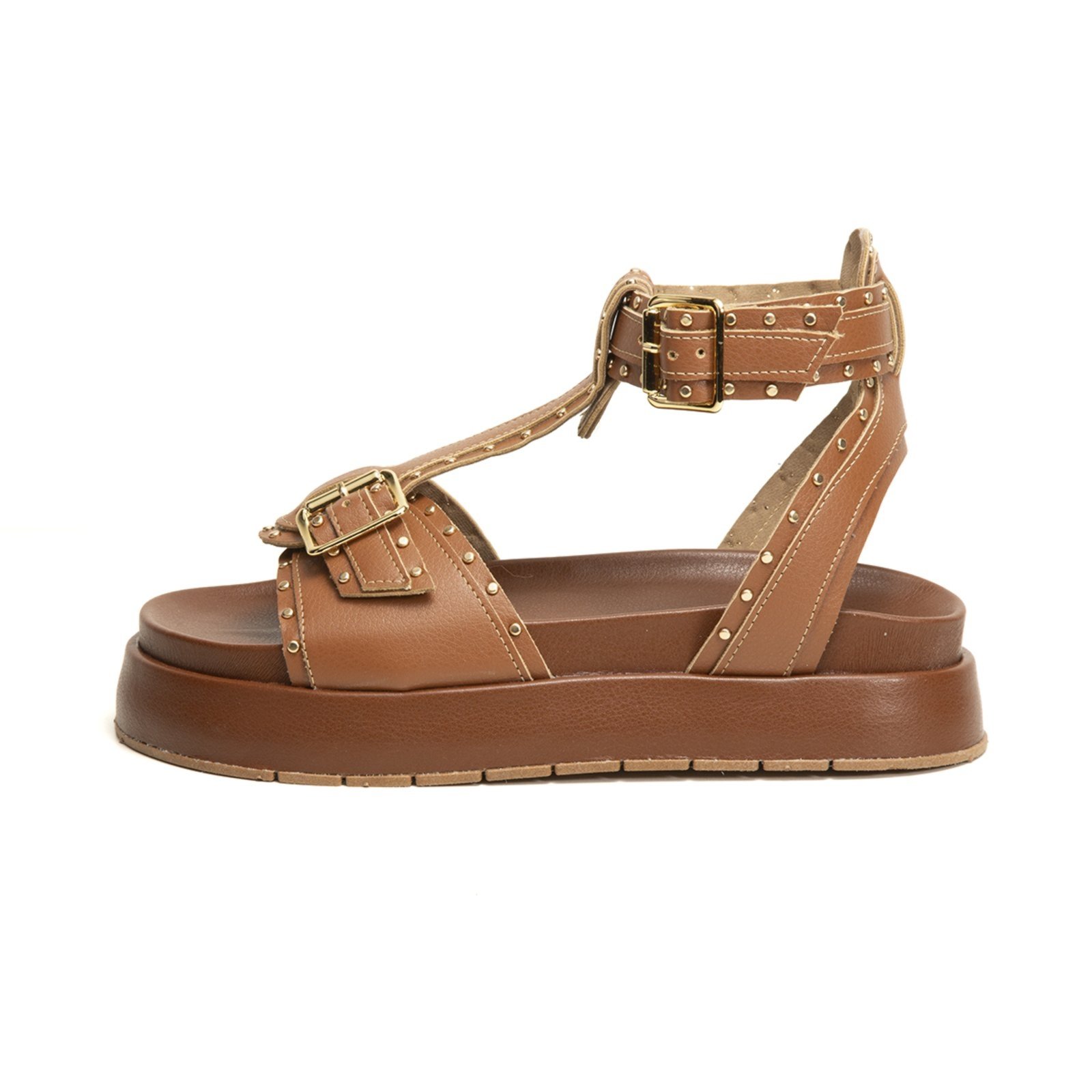 Sandália Papete Flatform LeRUCHEL Spikes Tornozeleira Caramelo