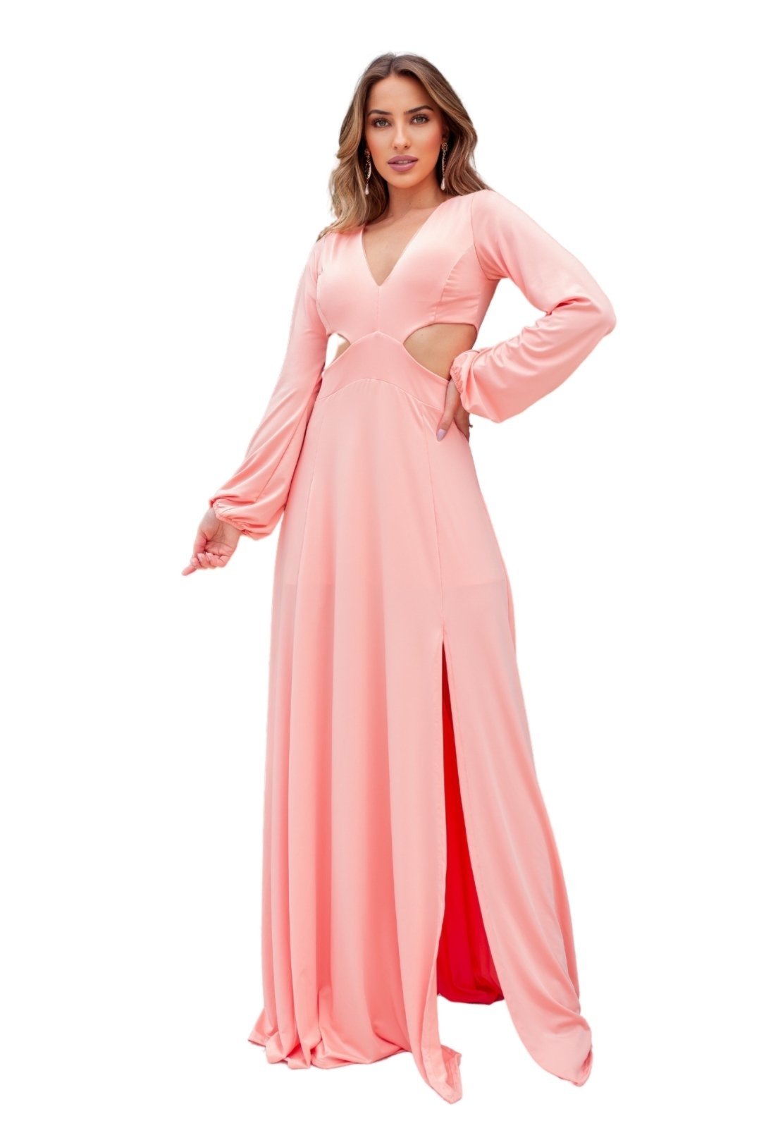 Vestido Longo de Inverno Manga Longa Abertura Fluity Rosa