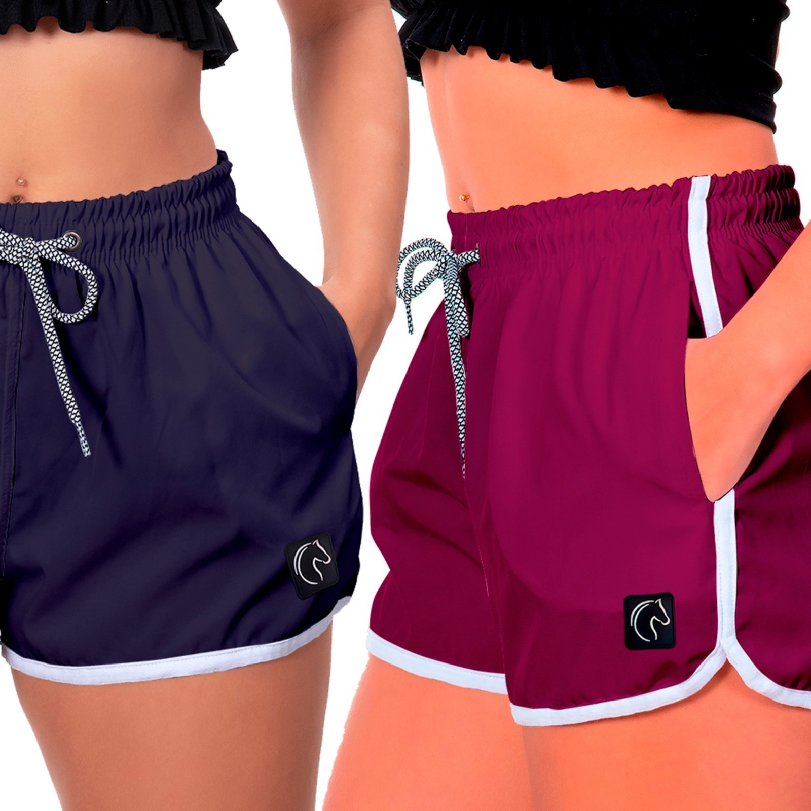 Kit 2 Shorts Feminino Premium Secagem Rápida com Elástico Cordão Ajustável e Bolsos Moda Praia Casual ou Treino Academia Azul Marinho e Roxo