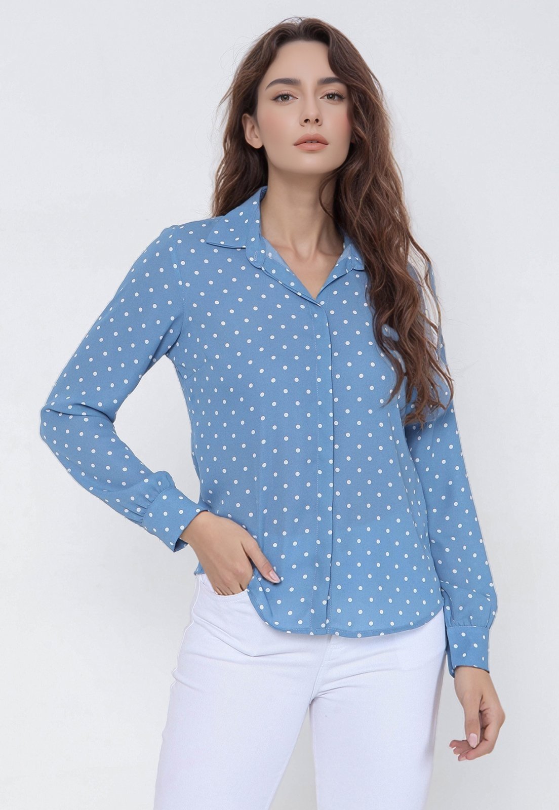 Camisa Intens Manga Longa Crepe Azul Poá