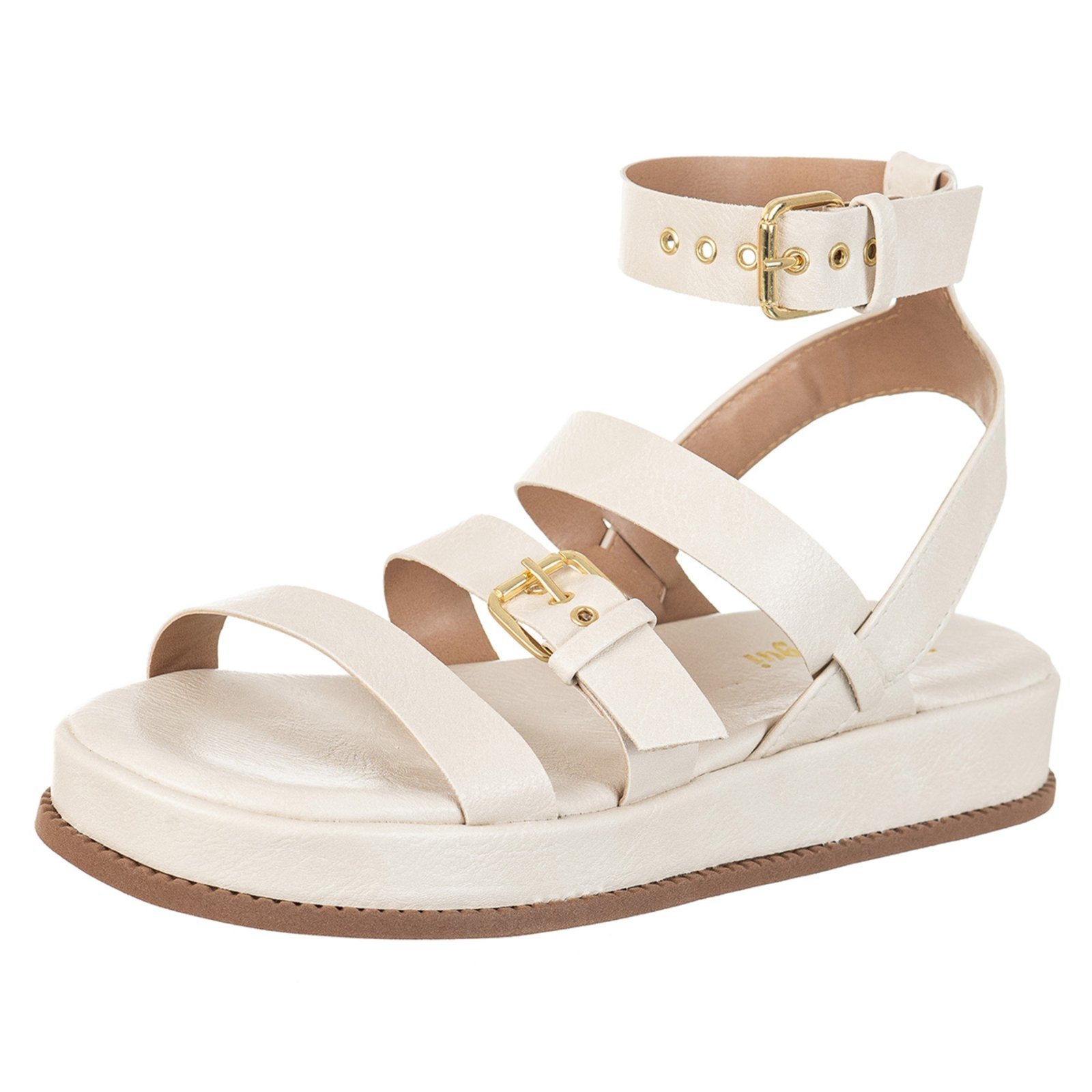 Sandália Feminina Via Birigui Papete FlatForm Com Tiras e Fivela Bege