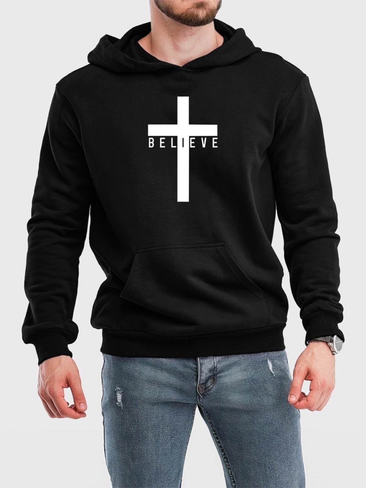 Blusa de Frio Moletom Flanelado Benellys Believe Canguru Preto