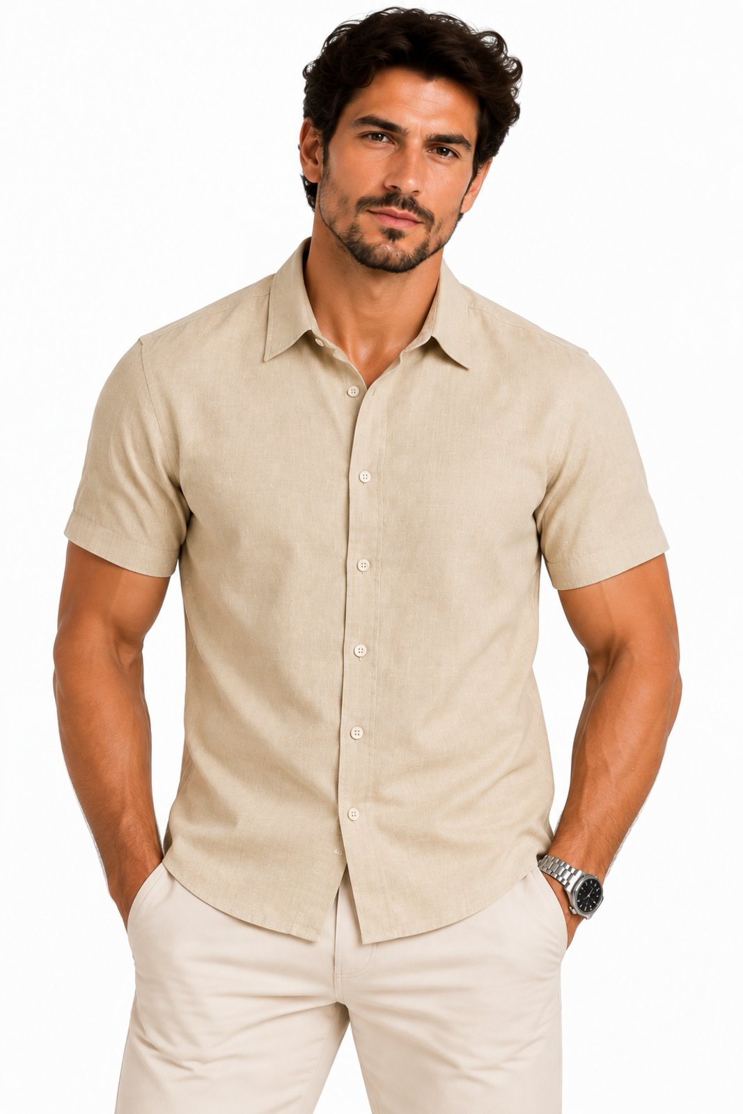 Camisa Social Masculina D Bell Outlet Fashion Linho Areia