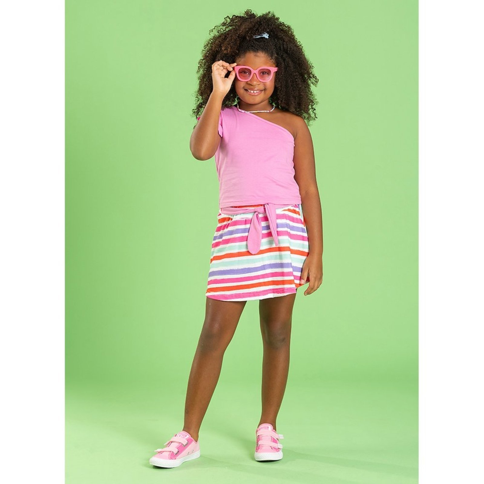Infantil – Conjunto Verão Menina Poema Cropped Ombro Único E Saia Com Amarração