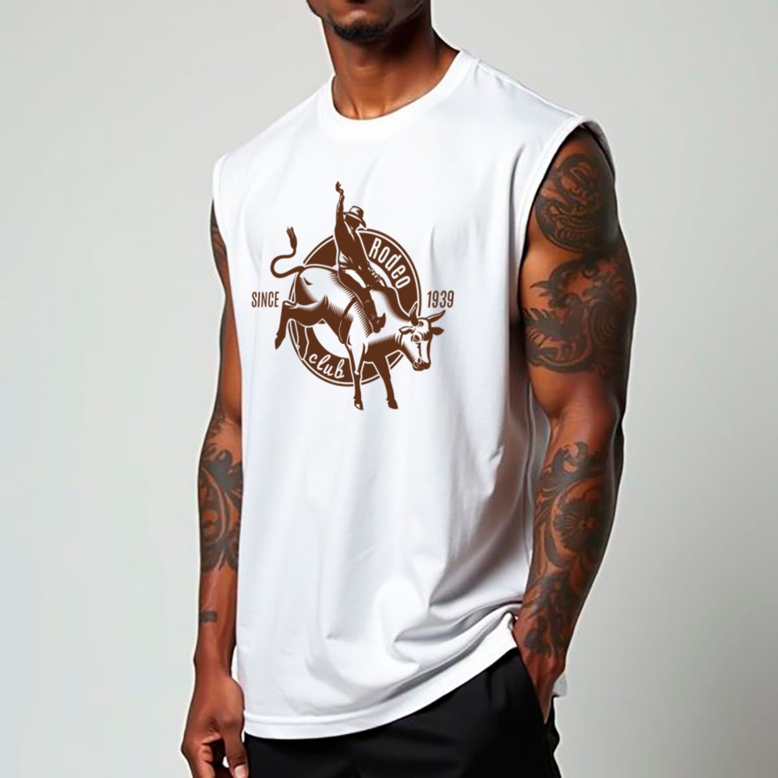 Vista 2 Camiseta Regata Machão Country Rodeo Club Since 1939 Visual Exclusivo Masculina ousy preto ousy preto