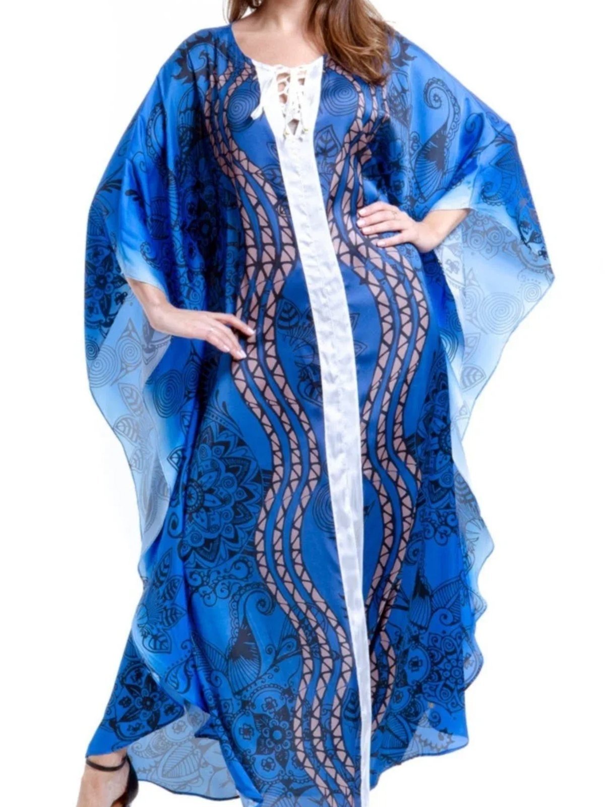 Vestido Kaftan Longo Cetim Estampado EXCLUSIVO Grafismo Organico Azul