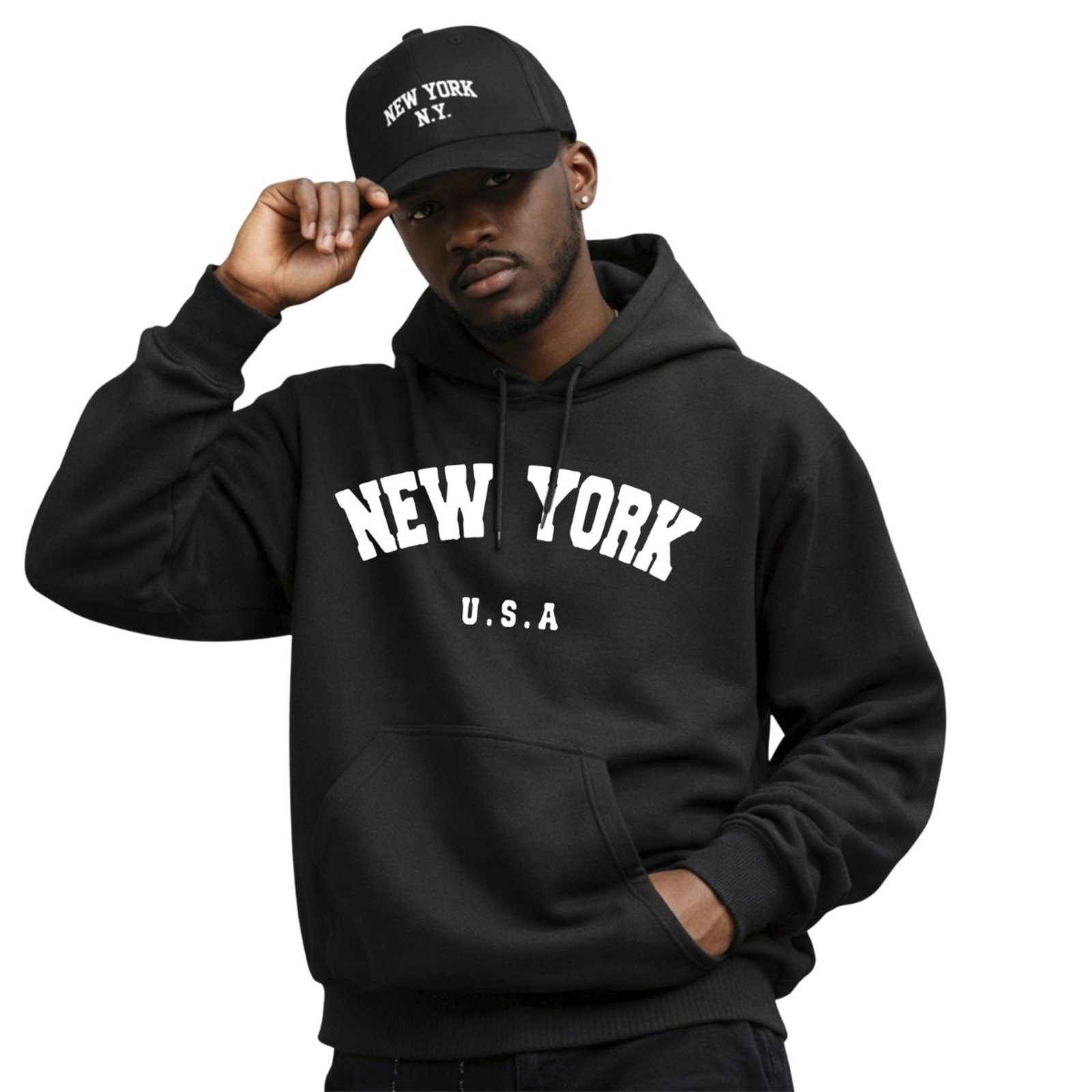 Kit Moletom Canguru Estampado Com Capuz + Boné Aba Curva Masculino Bordado NY